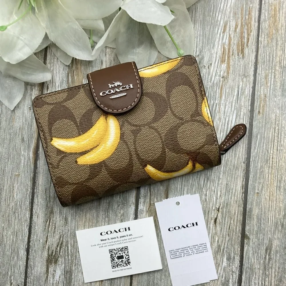 COACH Medium Corner Zip Wallet In Signature Canvas With Banana Print Bag Purse